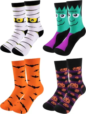 4 Pairs Halloween Novelty Socks Pumpkins Bats Socks Colorful Funny Crew Socks for Women and Men (Color Set