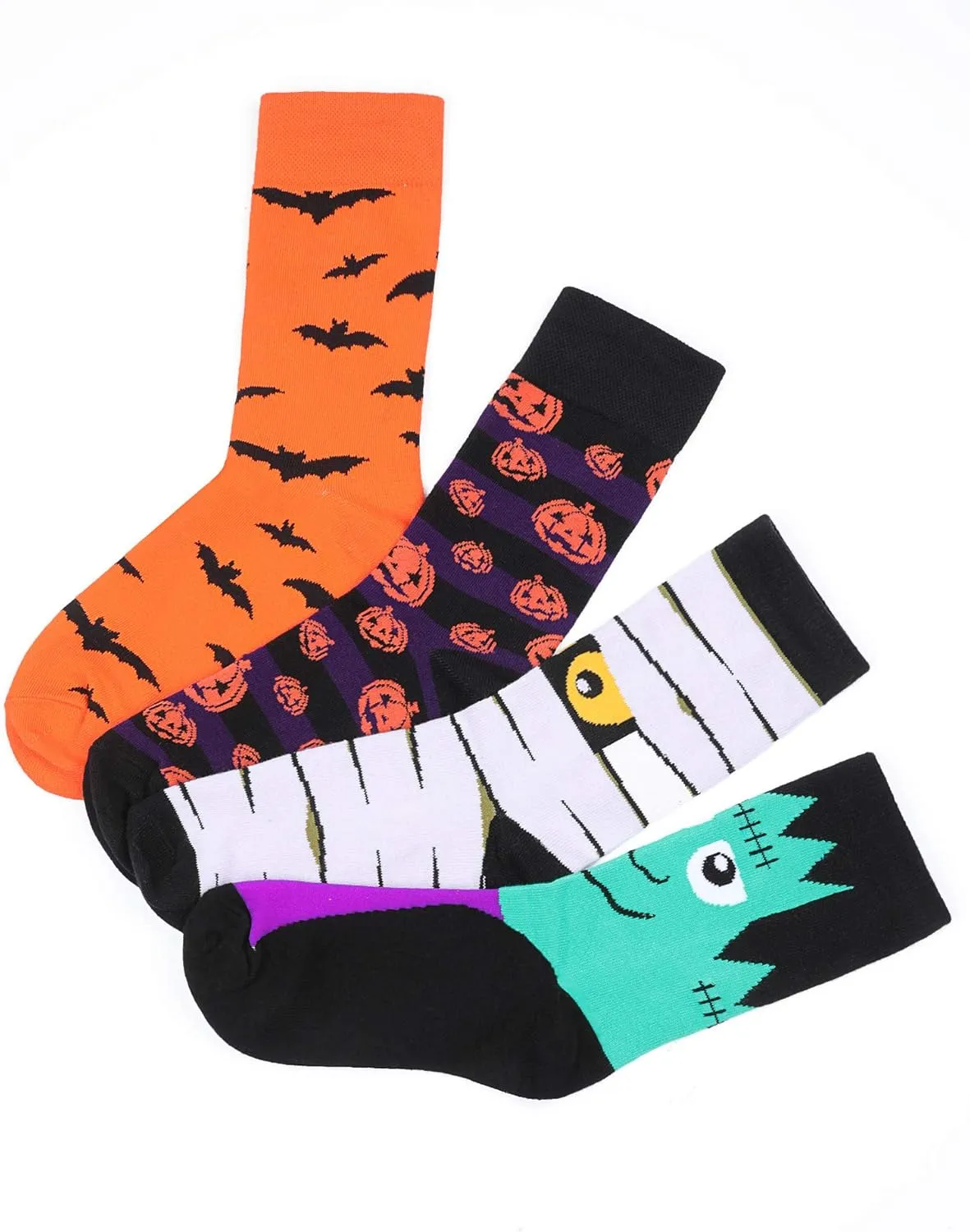 4 Pairs Halloween Novelty Socks Pumpkins Bats Socks Colorful Funny Crew Socks for Women and Men (Color Set