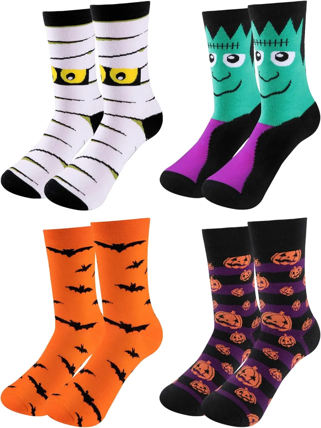 4 Pairs Halloween Novelty Socks Pumpkins Bats Socks Colorful Funny Crew Socks for Women and Men (Color Set