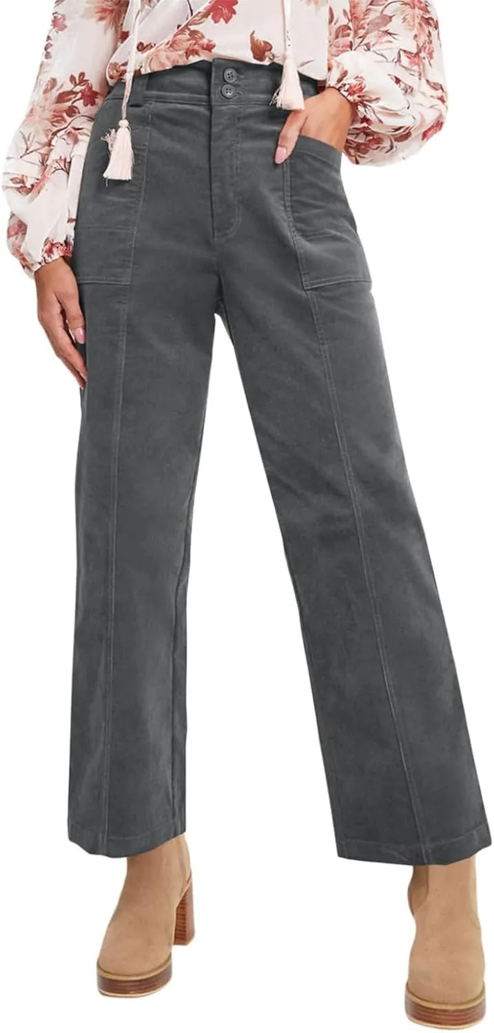 Acelitt Womens Casual Winter Straight Leg Elastic Waist Corduroy Pants with Pockets, S-XXL