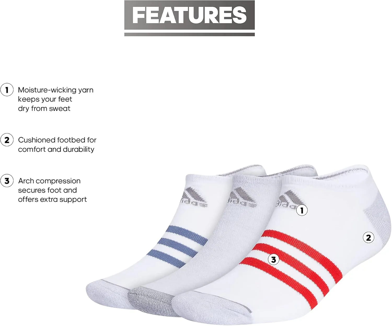 adidas Men's 3-Stripe No Show Socks with Arch Compression for a Secure Fit (3-Pair)
