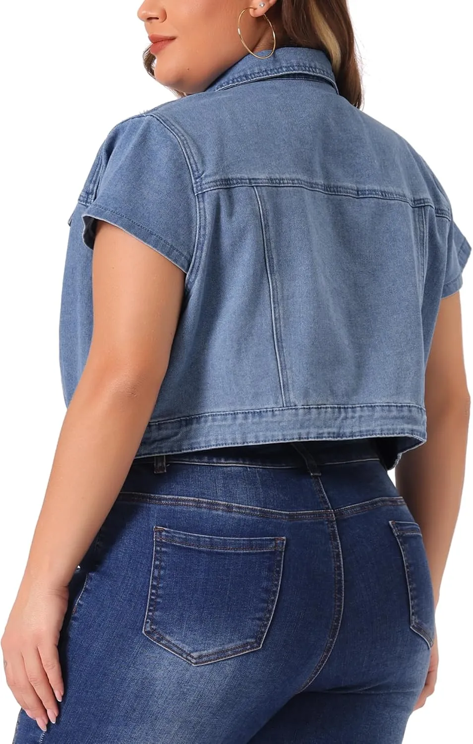 Agnes Orinda Plus Size Short Sleeve Denim Jackets for Women Y2K Button Down Tops Streetwear Cropped Jean Jacket
