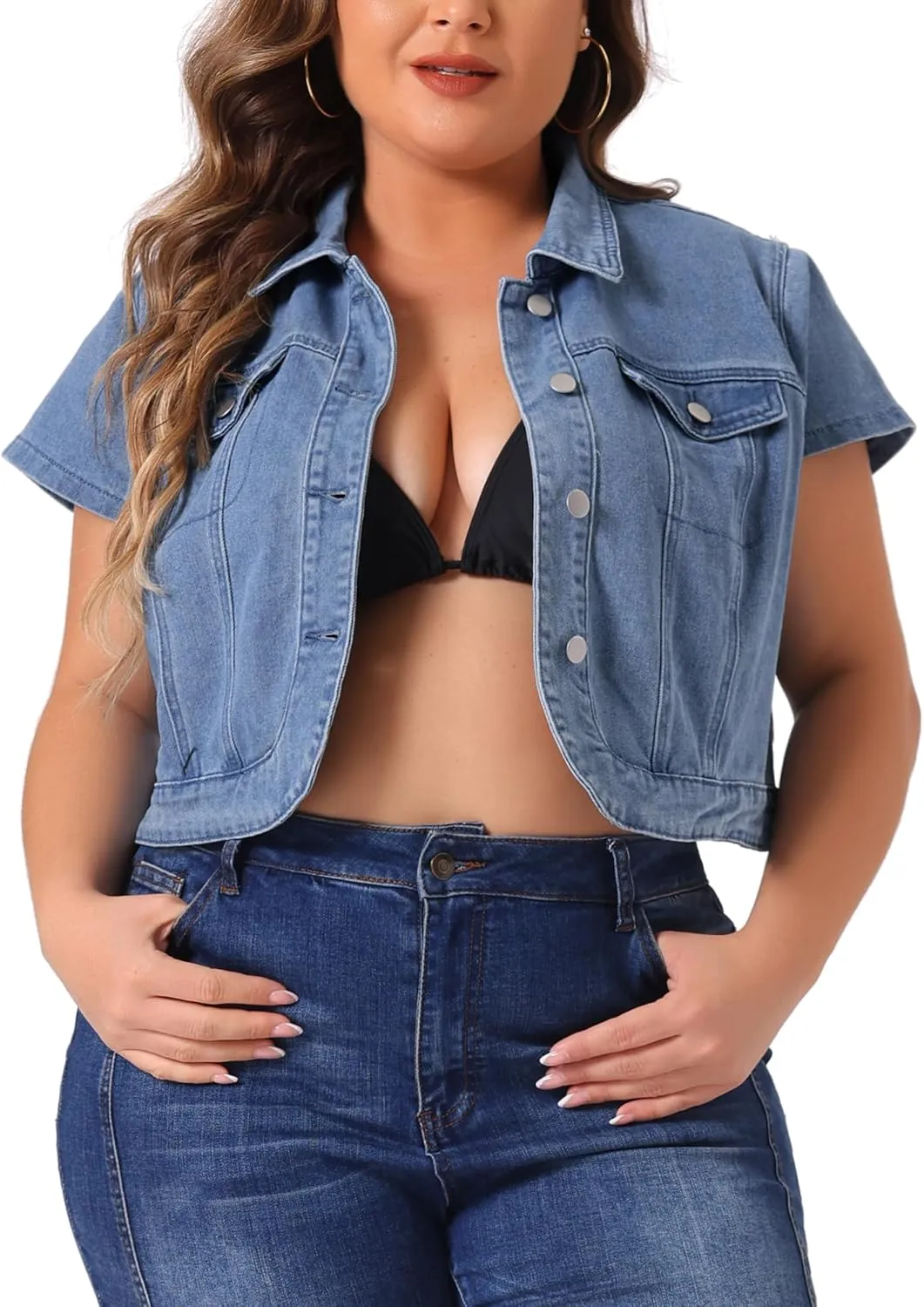 Agnes Orinda Plus Size Short Sleeve Denim Jackets for Women Y2K Button Down Tops Streetwear Cropped Jean Jacket