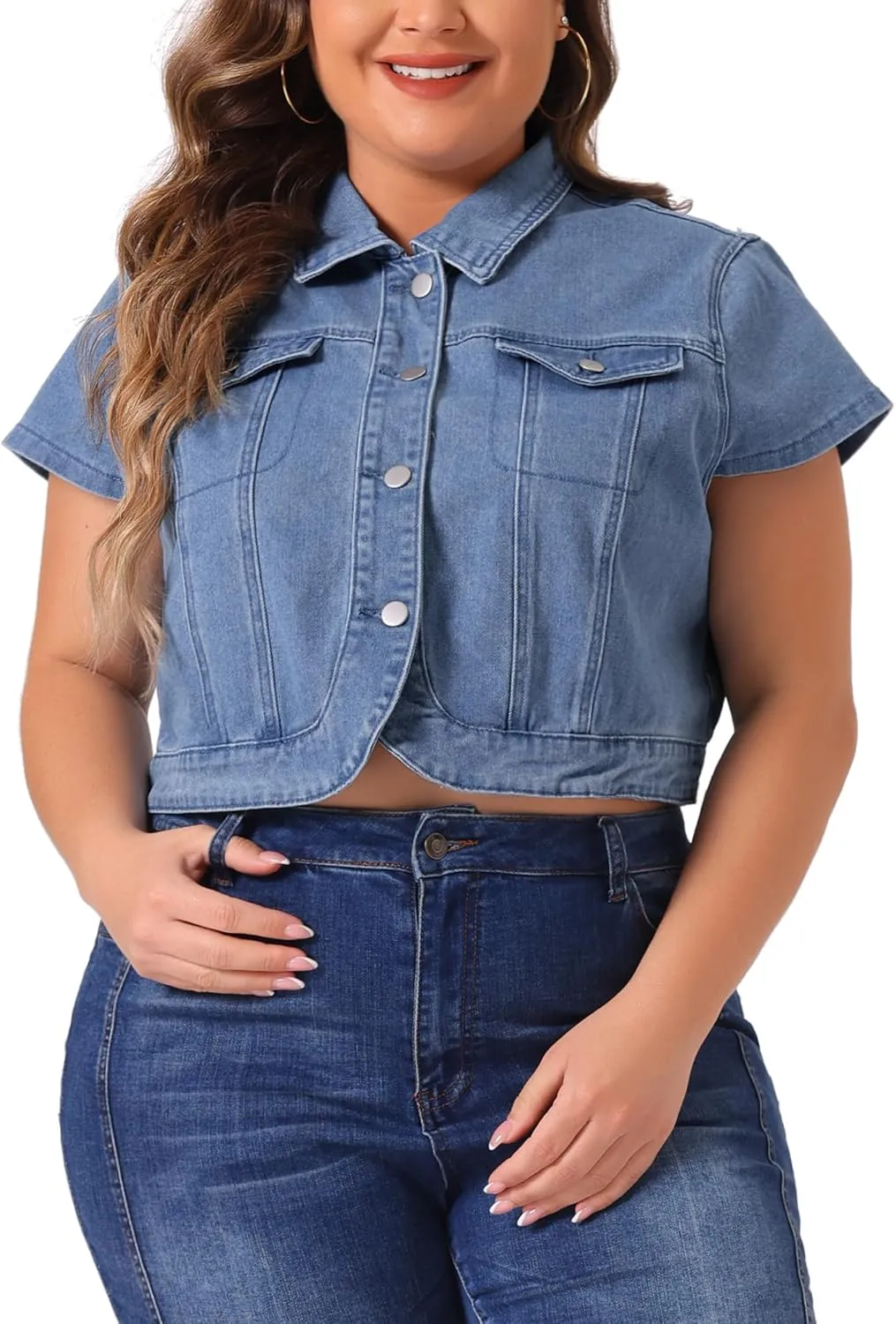 Agnes Orinda Plus Size Short Sleeve Denim Jackets for Women Y2K Button Down Tops Streetwear Cropped Jean Jacket