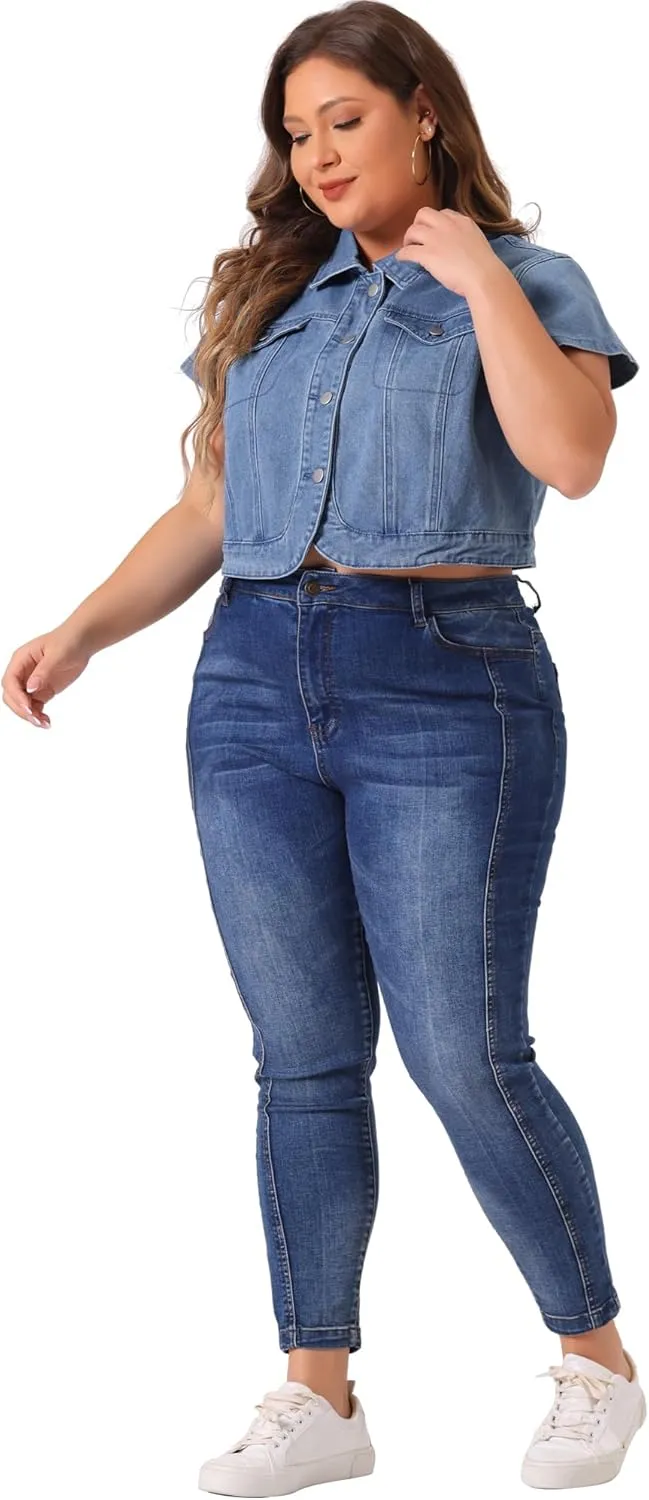 Agnes Orinda Plus Size Short Sleeve Denim Jackets for Women Y2K Button Down Tops Streetwear Cropped Jean Jacket