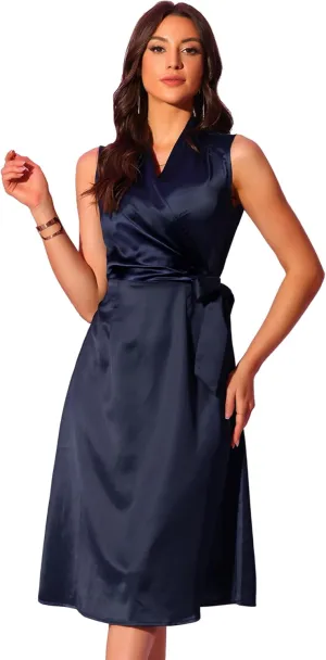 Allegra K Satin Wrap Dress for Women's Summer 2024 Tie Waist V Neck Sleeveless Casual Cocktail Party Midi Dresses