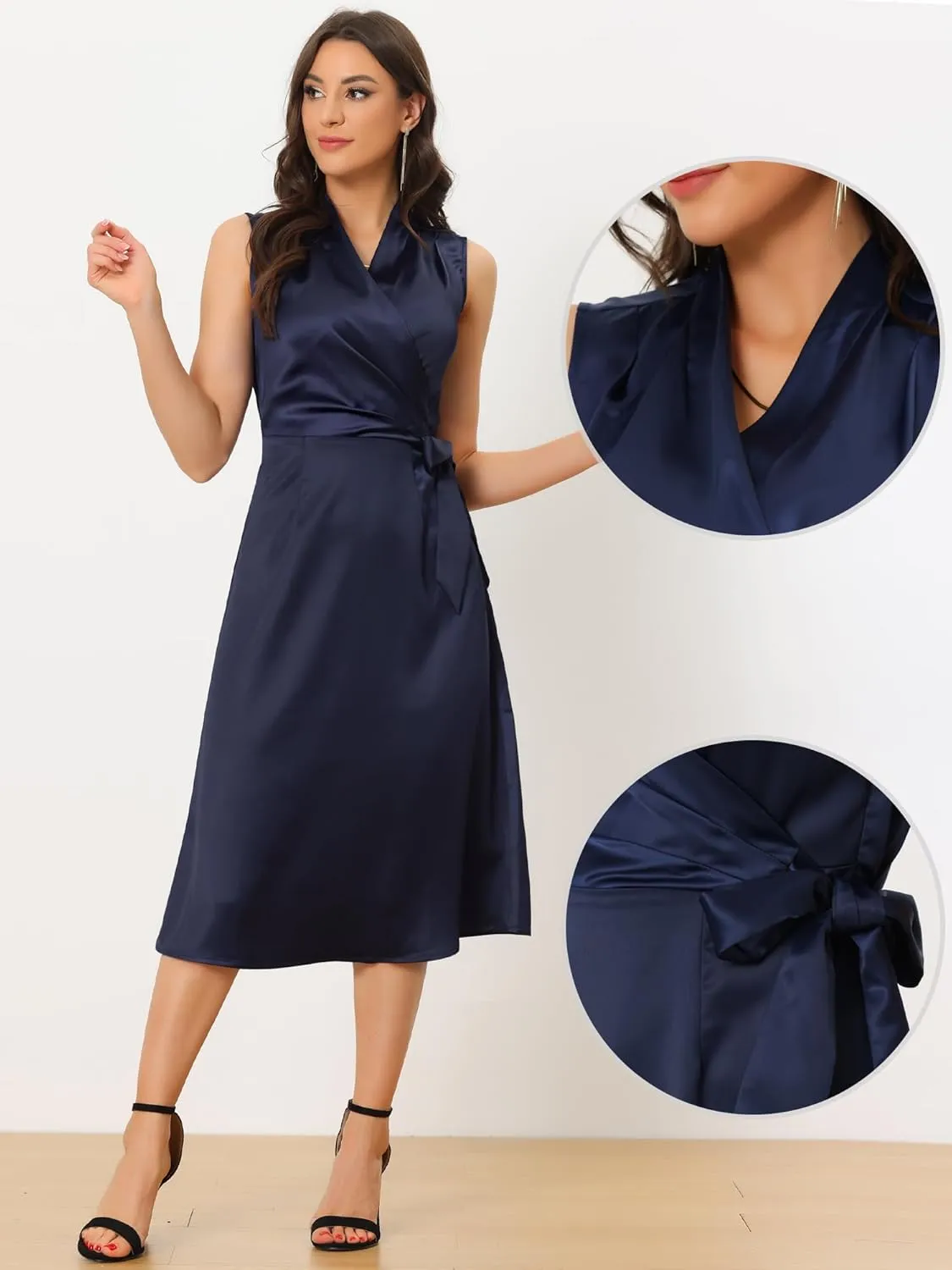 Allegra K Satin Wrap Dress for Women's Summer 2024 Tie Waist V Neck Sleeveless Casual Cocktail Party Midi Dresses