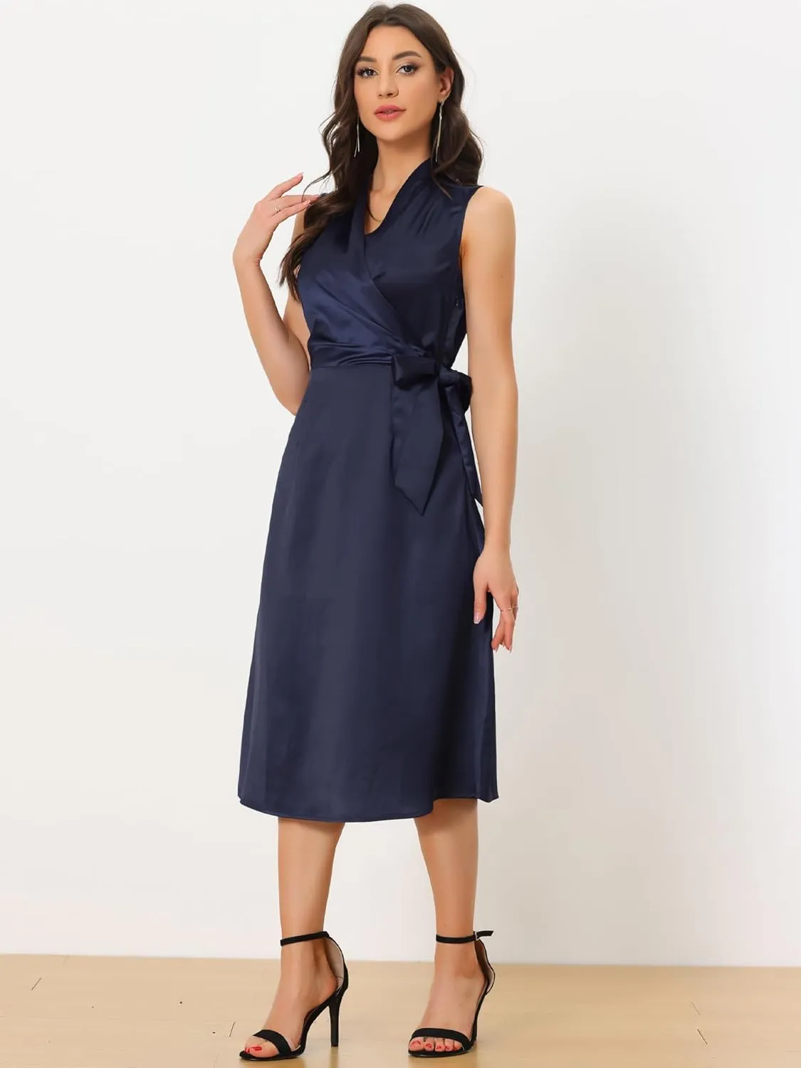 Allegra K Satin Wrap Dress for Women's Summer 2024 Tie Waist V Neck Sleeveless Casual Cocktail Party Midi Dresses