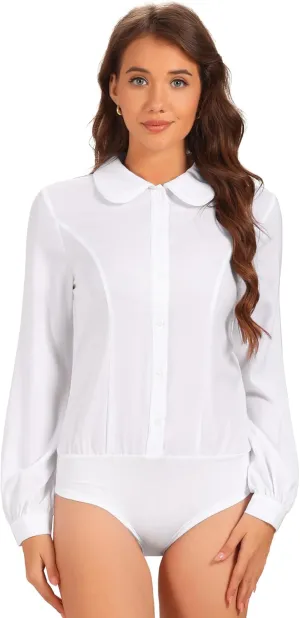 Allegra K Women's Button Down Leotard Shirt Peter Pen Collar Long Sleeve Business Work Shirt Blouse Bodysuit Tops