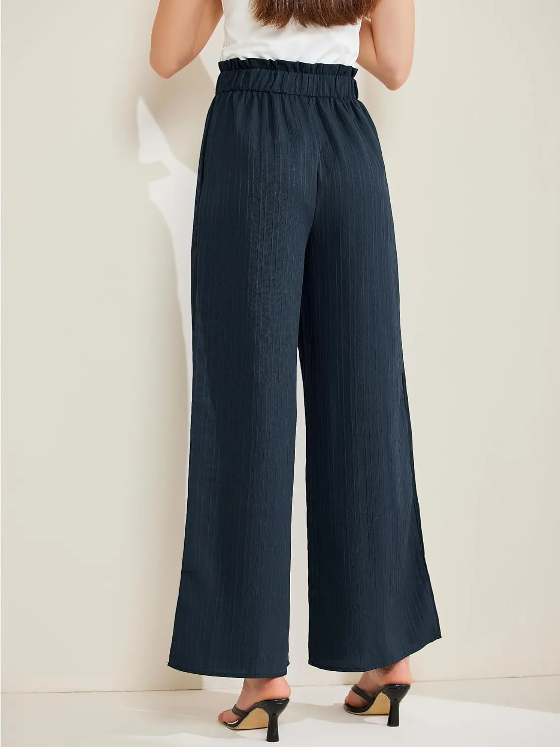 Allegra K Women's Casual Office Wide Leg Pants Elastic Waist Tie Knot Pleated Trouser with Pockets