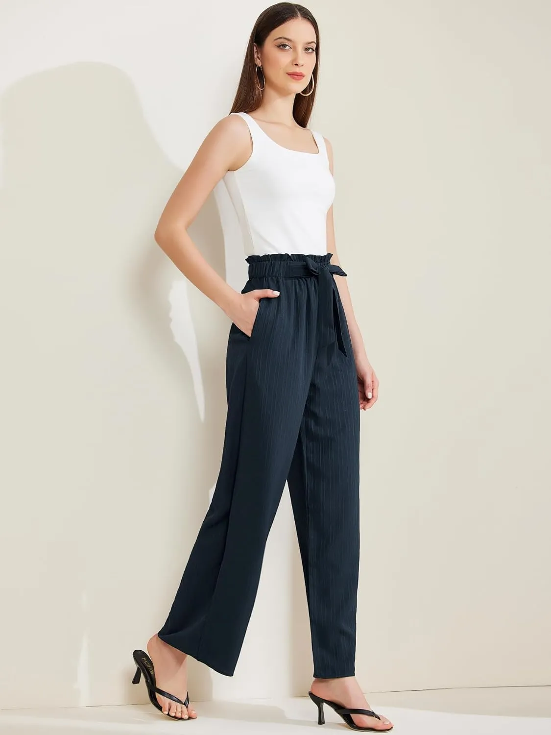 Allegra K Women's Casual Office Wide Leg Pants Elastic Waist Tie Knot Pleated Trouser with Pockets
