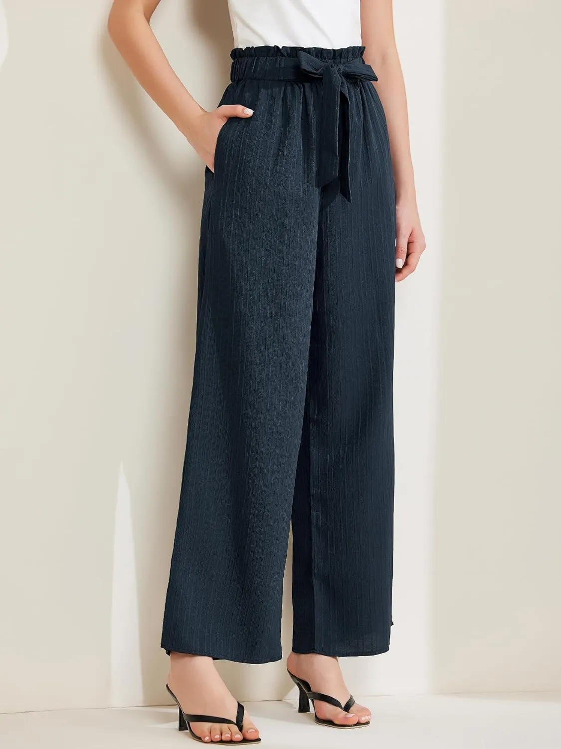 Allegra K Women's Casual Office Wide Leg Pants Elastic Waist Tie Knot Pleated Trouser with Pockets