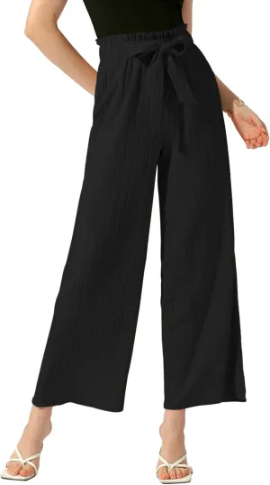Allegra K Women's Casual Office Wide Leg Pants Elastic Waist Tie Knot Pleated Trouser with Pockets