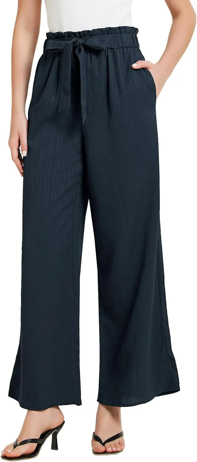 Allegra K Women's Casual Office Wide Leg Pants Elastic Waist Tie Knot Pleated Trouser with Pockets