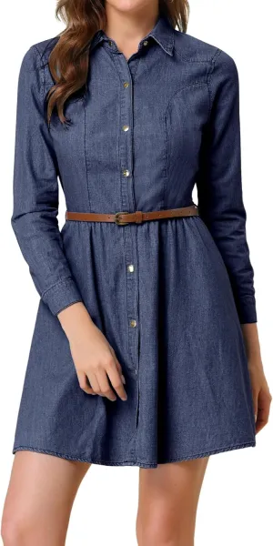 Allegra K Women's Denim Dress Button Down Belted Pleated Flare A-line Shirt Dress