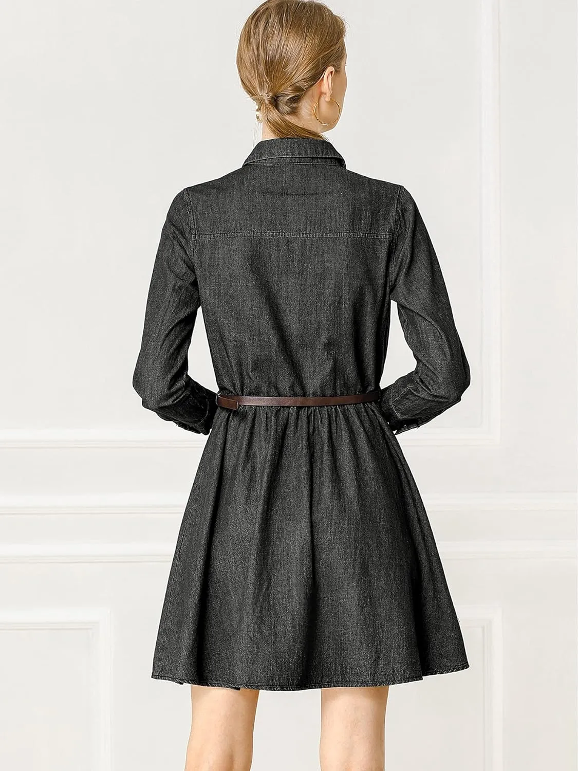 Allegra K Women's Denim Dress Button Down Belted Pleated Flare A-line Shirt Dress