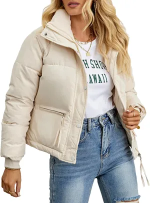 Arssm Womens Zip Up Stand Collar Crop Puffer Jacket Winter Warm Padded Coat Down Jacket Outerwear