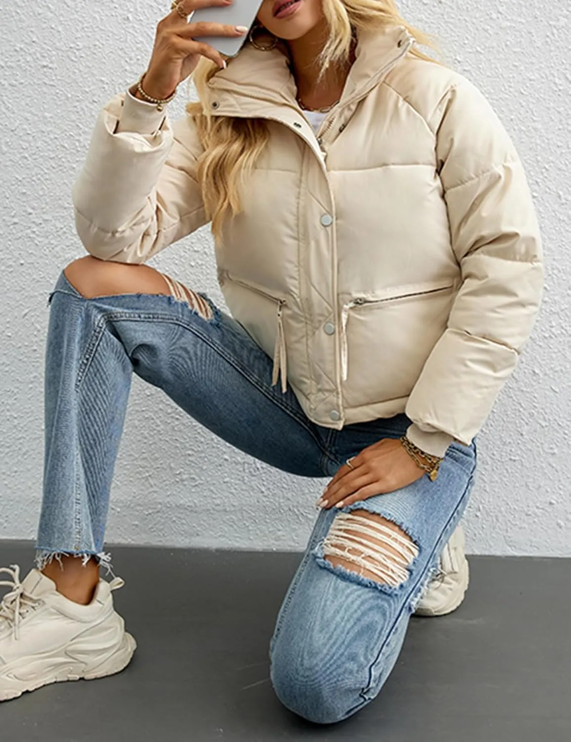 Arssm Womens Zip Up Stand Collar Crop Puffer Jacket Winter Warm Padded Coat Down Jacket Outerwear