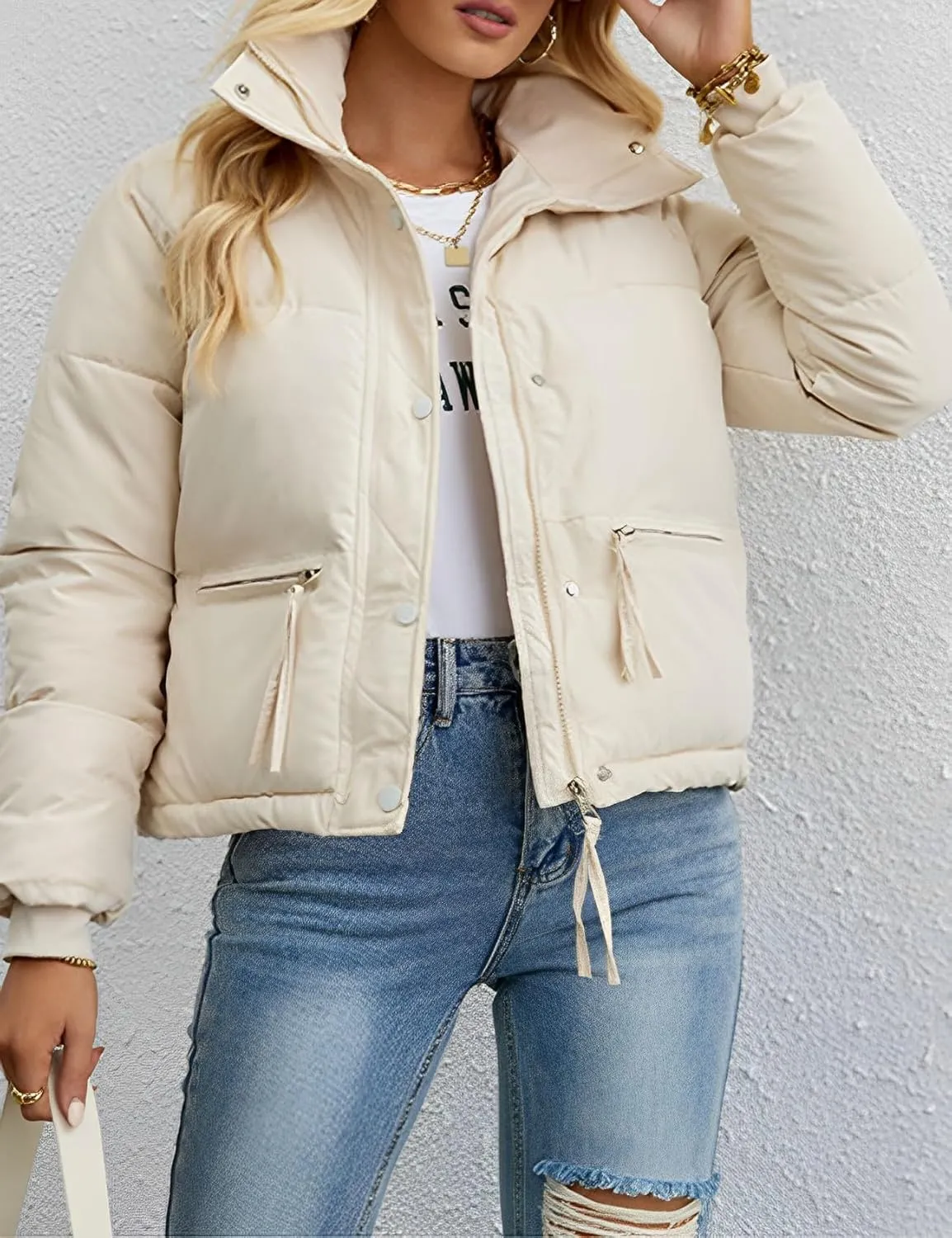Arssm Womens Zip Up Stand Collar Crop Puffer Jacket Winter Warm Padded Coat Down Jacket Outerwear