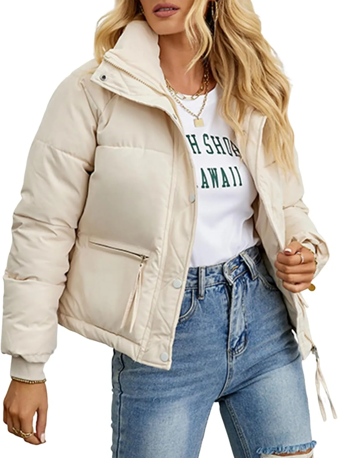 Arssm Womens Zip Up Stand Collar Crop Puffer Jacket Winter Warm Padded Coat Down Jacket Outerwear