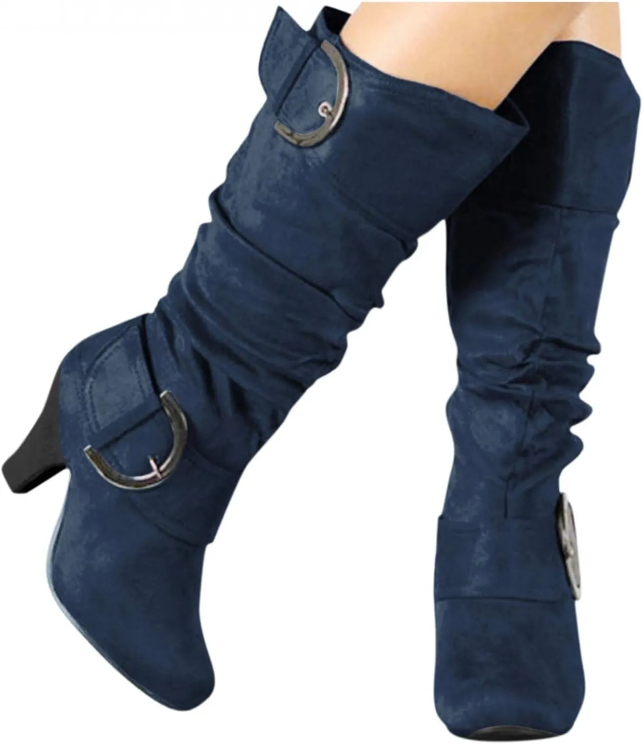 Bcshiye Women's Mid-Calf Boots Round Toe Low Heel Zipper Buckle Slouchy Wide Calf Wide Width Knee High Boots Shoes