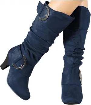 Bcshiye Women's Mid-Calf Boots Round Toe Low Heel Zipper Buckle Slouchy Wide Calf Wide Width Knee High Boots Shoes