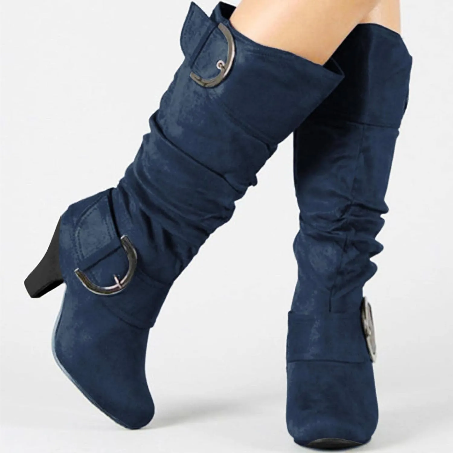 Bcshiye Women's Mid-Calf Boots Round Toe Low Heel Zipper Buckle Slouchy Wide Calf Wide Width Knee High Boots Shoes