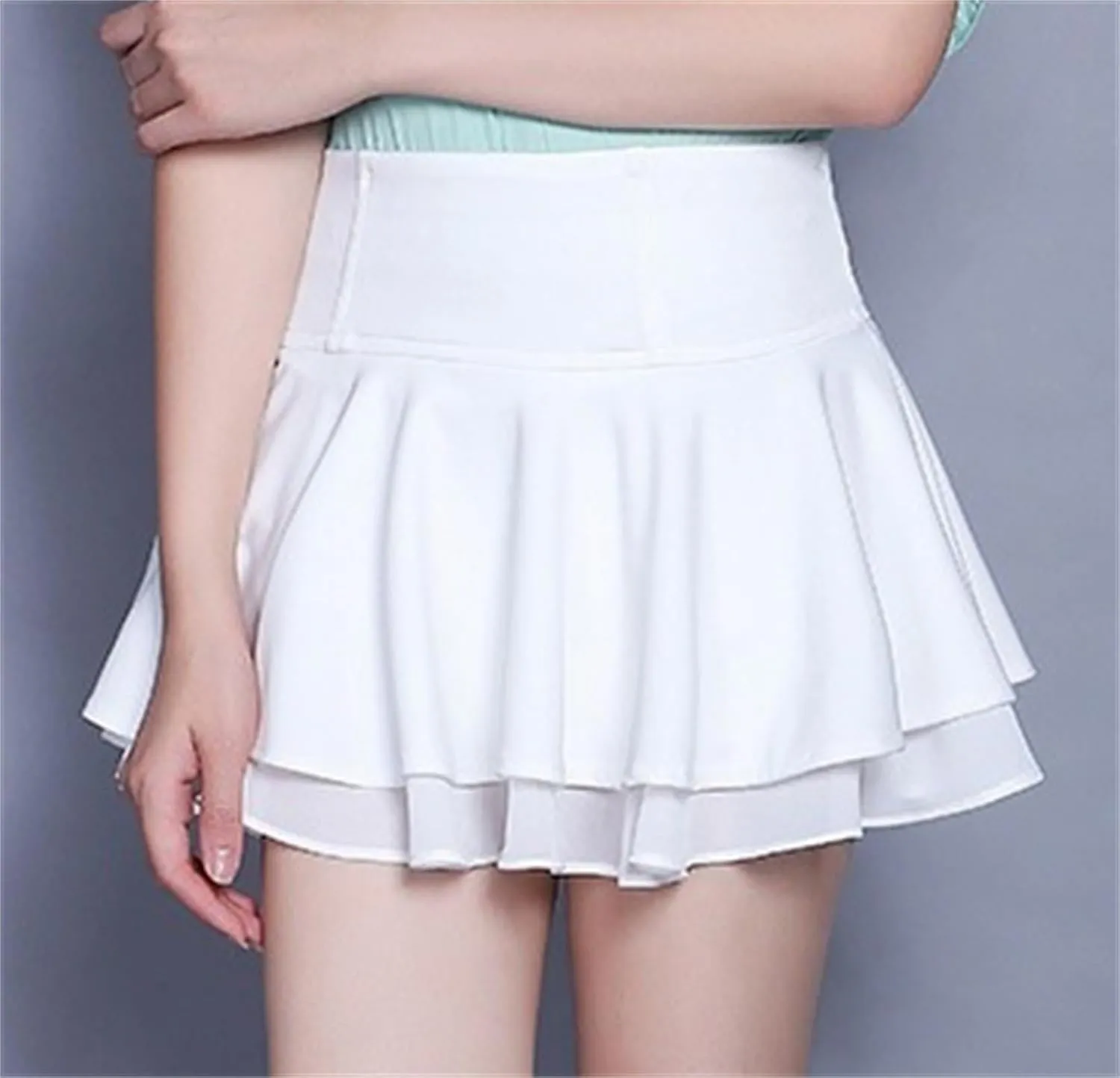 Betusline Women's High Waisted Ruffle Flared Skirt Layered Swing Mini Skirts