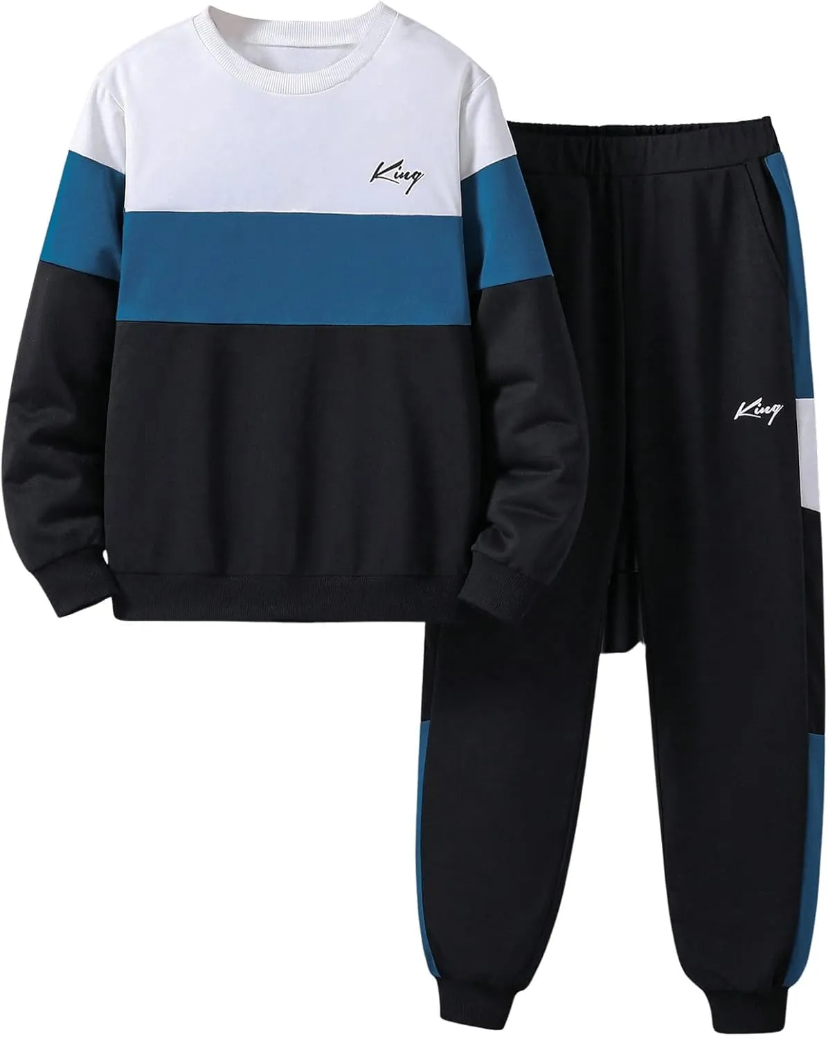 Boy's 2 Piece Outfits Color Block Letter Graphic Crewneck Sweatshirts and Jogger Pants Set Sweatsuit