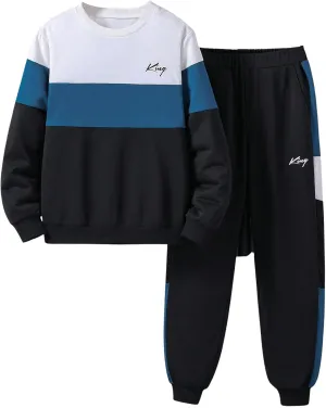 Boy's 2 Piece Outfits Color Block Letter Graphic Crewneck Sweatshirts and Jogger Pants Set Sweatsuit