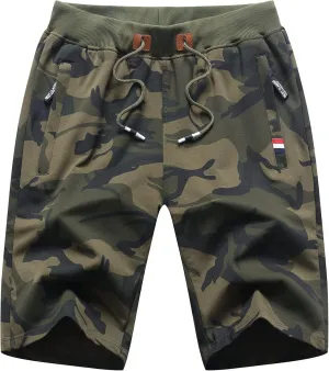 Boy's Summer Cotton Drawstring with Elastic Waist Classic Fit Zipper Pockets Casual Shorts