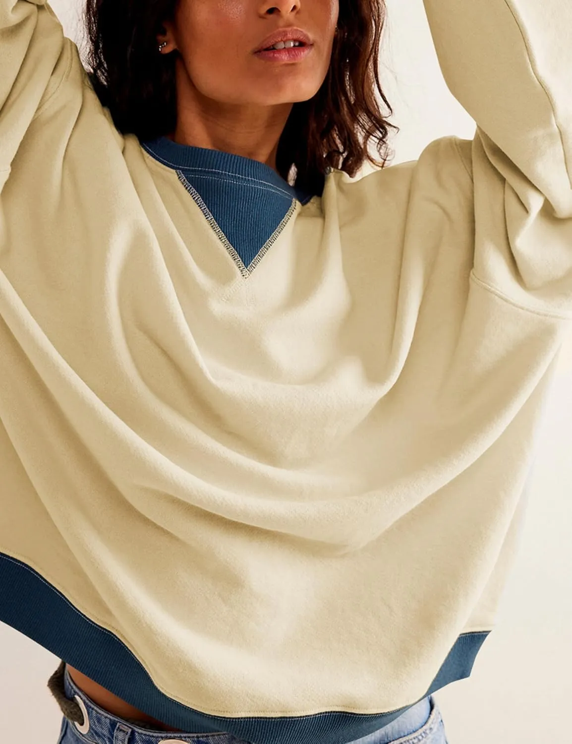 Bozanly Womens Casual Crewneck Color Block Long Sleeve Drop Shoulder Oversized Pullover Tops Sweatshirts