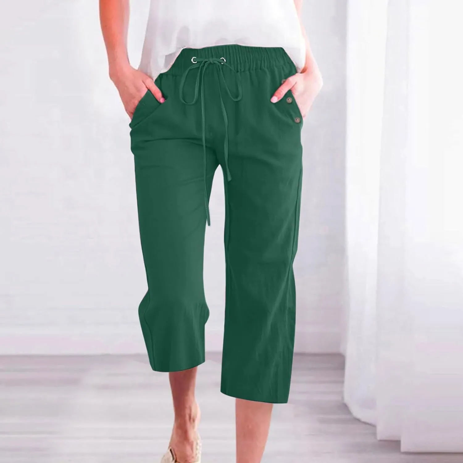 Capri Pants for Women Casual 2024 Pants Drawstring Elastic Trousers Comfy Straight Leg Long Womens Capris with