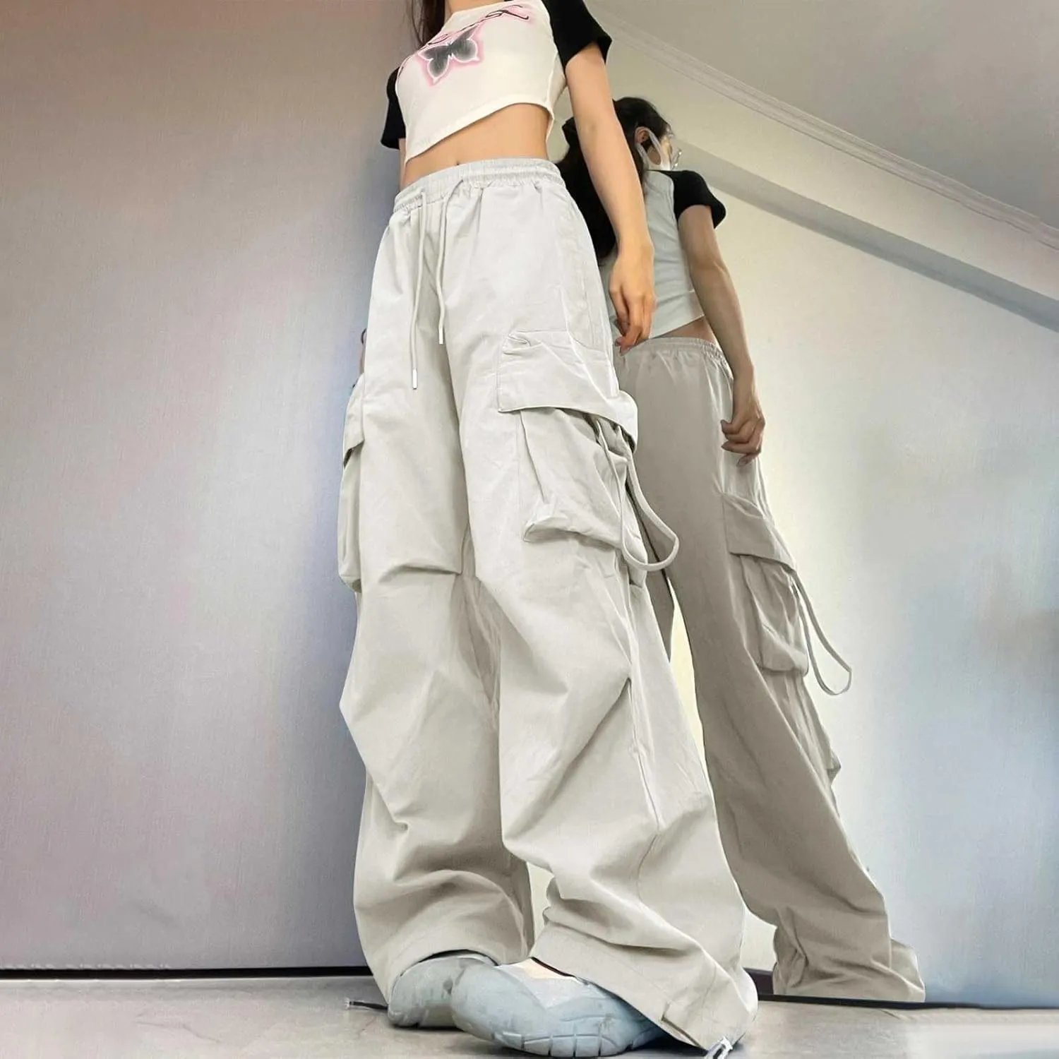 Cargo Pants Women Fashion High Waisted Parachute Pants Y2k Straight Trousers Casual Pants with Pockets