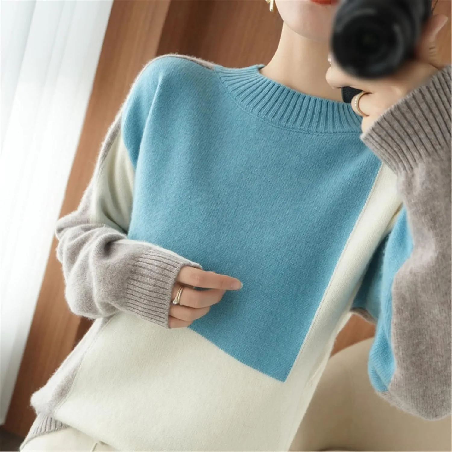 Cashmere Sweater Women O Neck Color Matching 100% Wool Cardigan Fashion Plus Size Warm Knit Bottoming Shirt