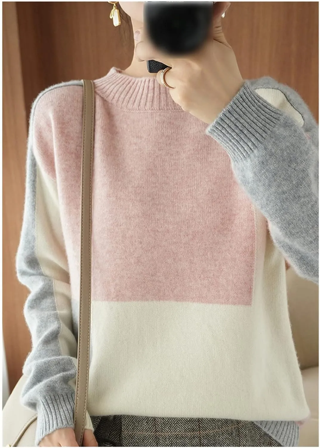 Cashmere Sweater Women O Neck Color Matching 100% Wool Cardigan Fashion Plus Size Warm Knit Bottoming Shirt