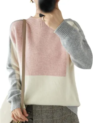 Cashmere Sweater Women O Neck Color Matching 100% Wool Cardigan Fashion Plus Size Warm Knit Bottoming Shirt