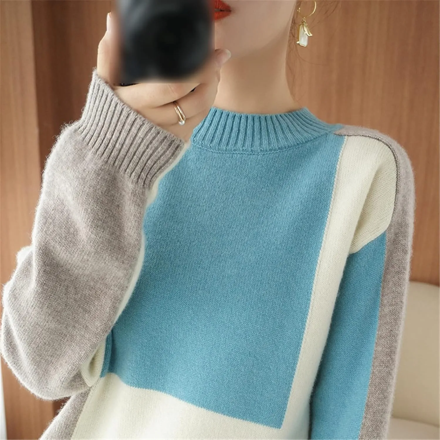 Cashmere Sweater Women O Neck Color Matching 100% Wool Cardigan Fashion Plus Size Warm Knit Bottoming Shirt