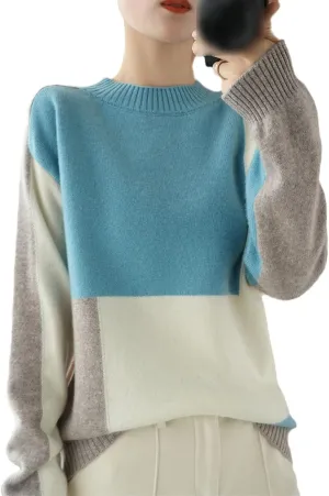 Cashmere Sweater Women O Neck Color Matching 100% Wool Cardigan Fashion Plus Size Warm Knit Bottoming Shirt