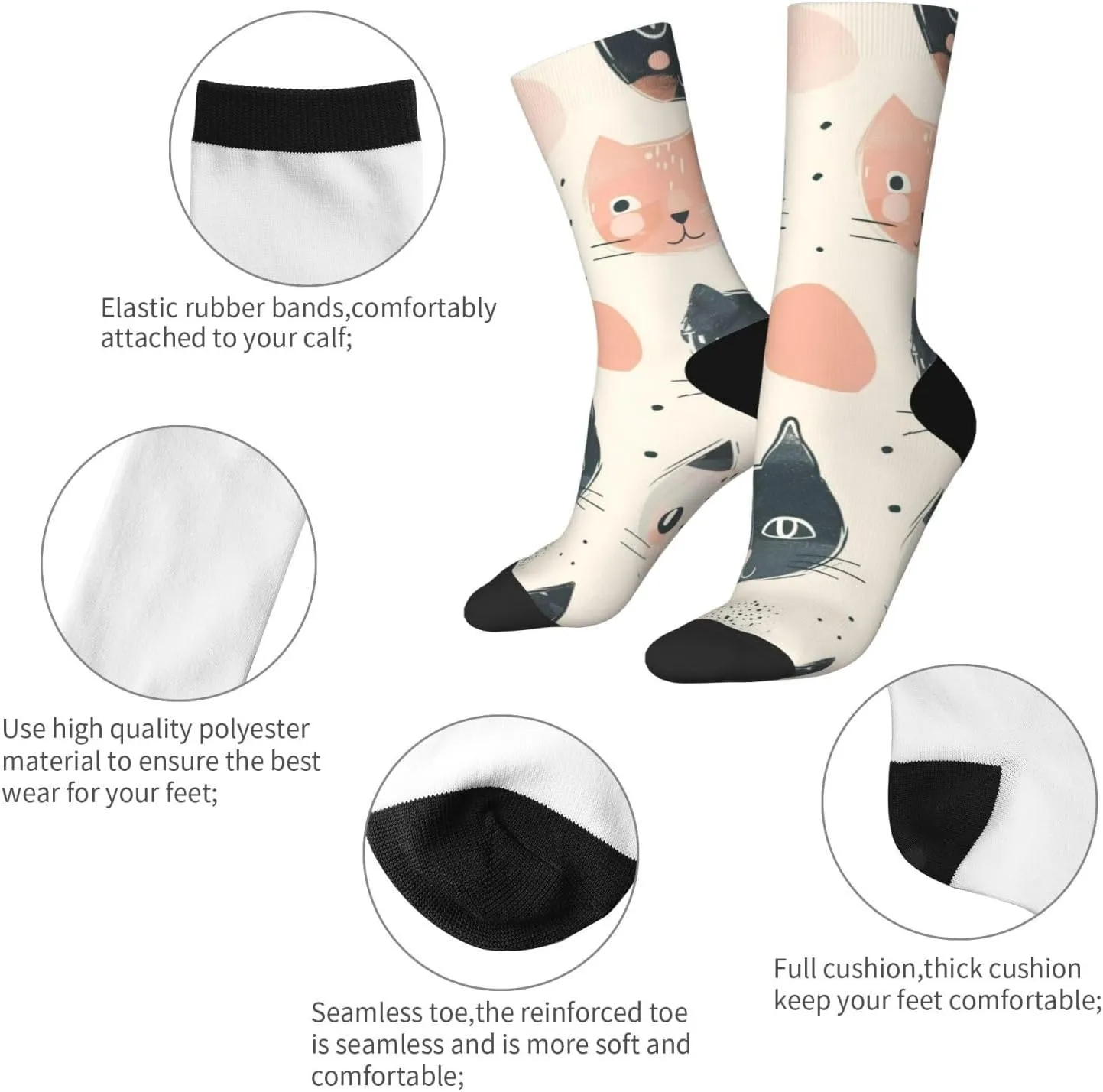 Casual Crew Socks for Men Women Funny Novelty Fun Dress Socks, Cat Pattern Pet
