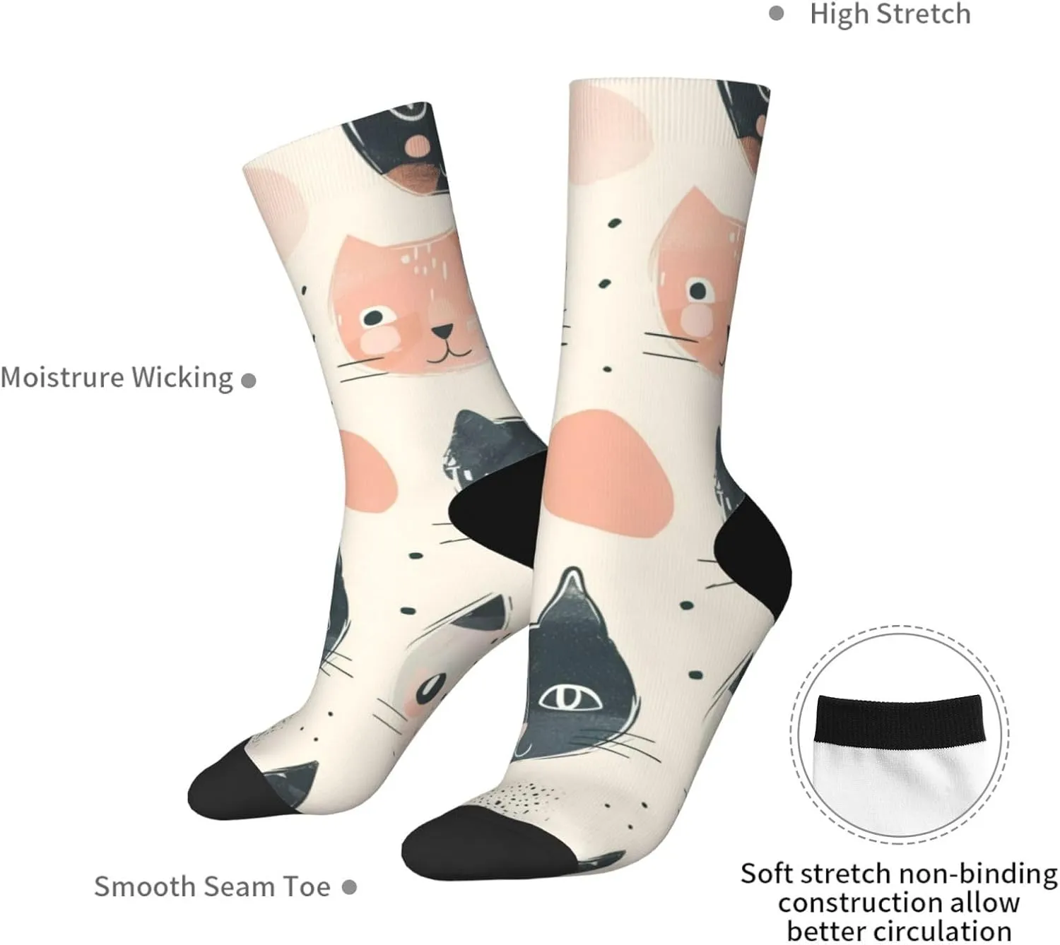 Casual Crew Socks for Men Women Funny Novelty Fun Dress Socks, Cat Pattern Pet