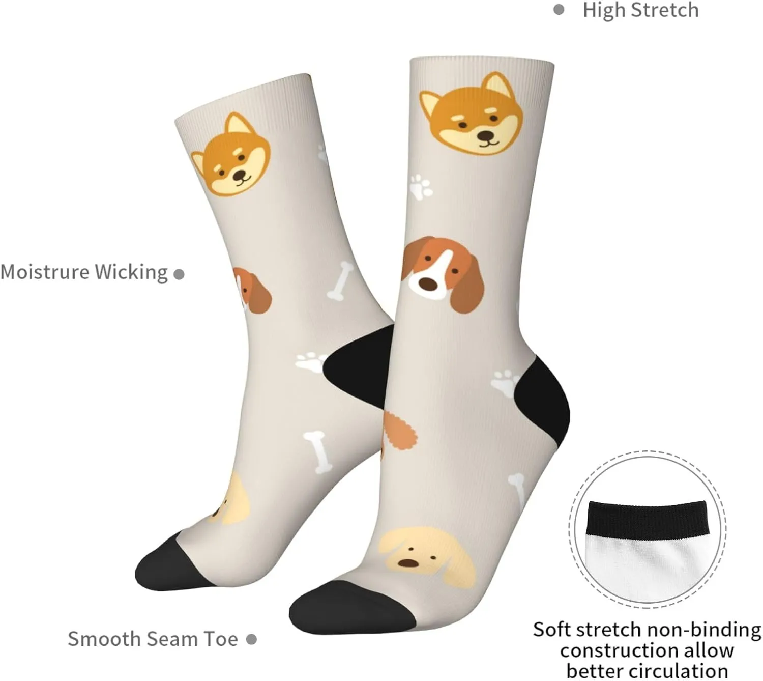 Casual Crew Socks for Men Women Funny Novelty Fun Dress Socks, Dog Pattern Footprint Bone