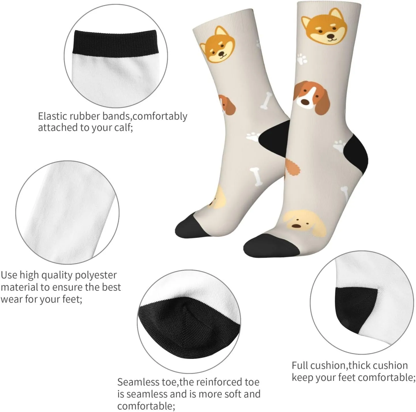 Casual Crew Socks for Men Women Funny Novelty Fun Dress Socks, Dog Pattern Footprint Bone