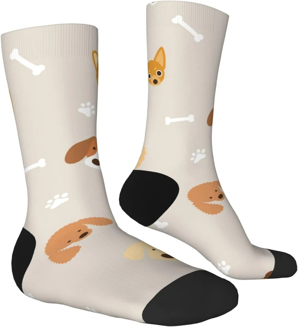 Casual Crew Socks for Men Women Funny Novelty Fun Dress Socks, Dog Pattern Footprint Bone