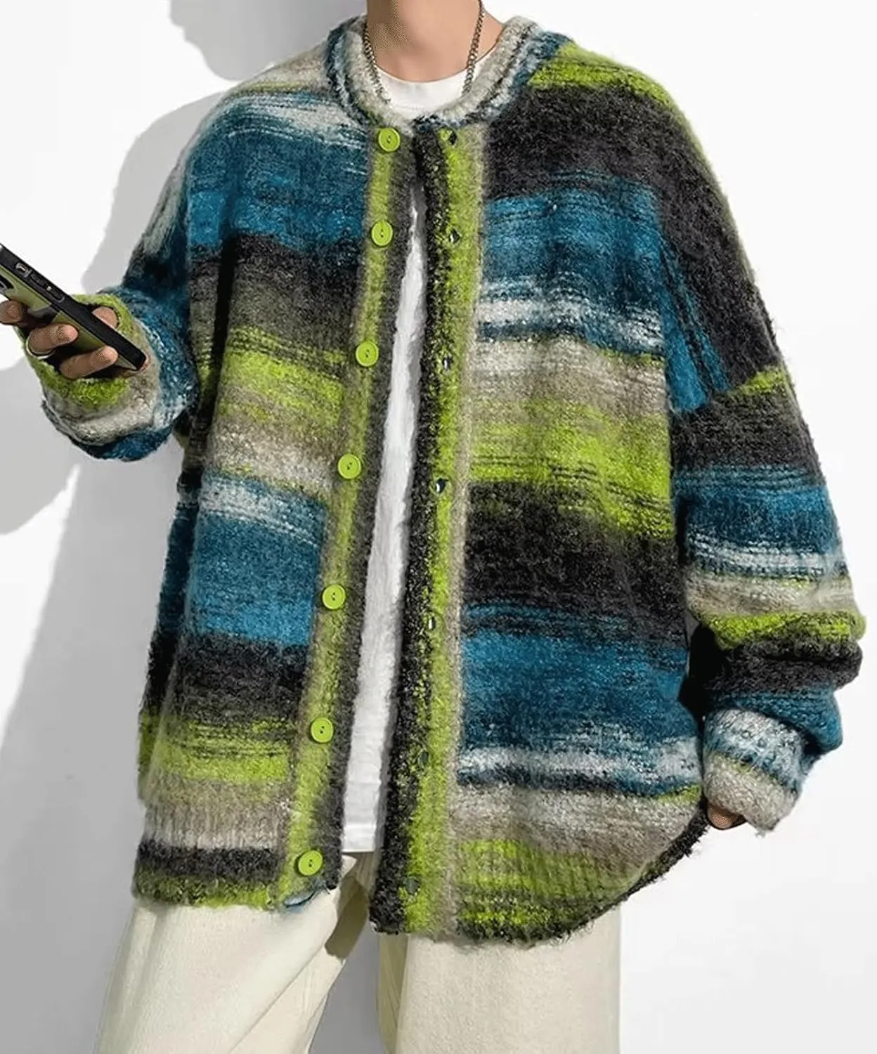 CHARTOU Men's Slouchy Oversized Cardigan Sweater Long Sleeve Button Down Knit Sweater Loose Color Block Top