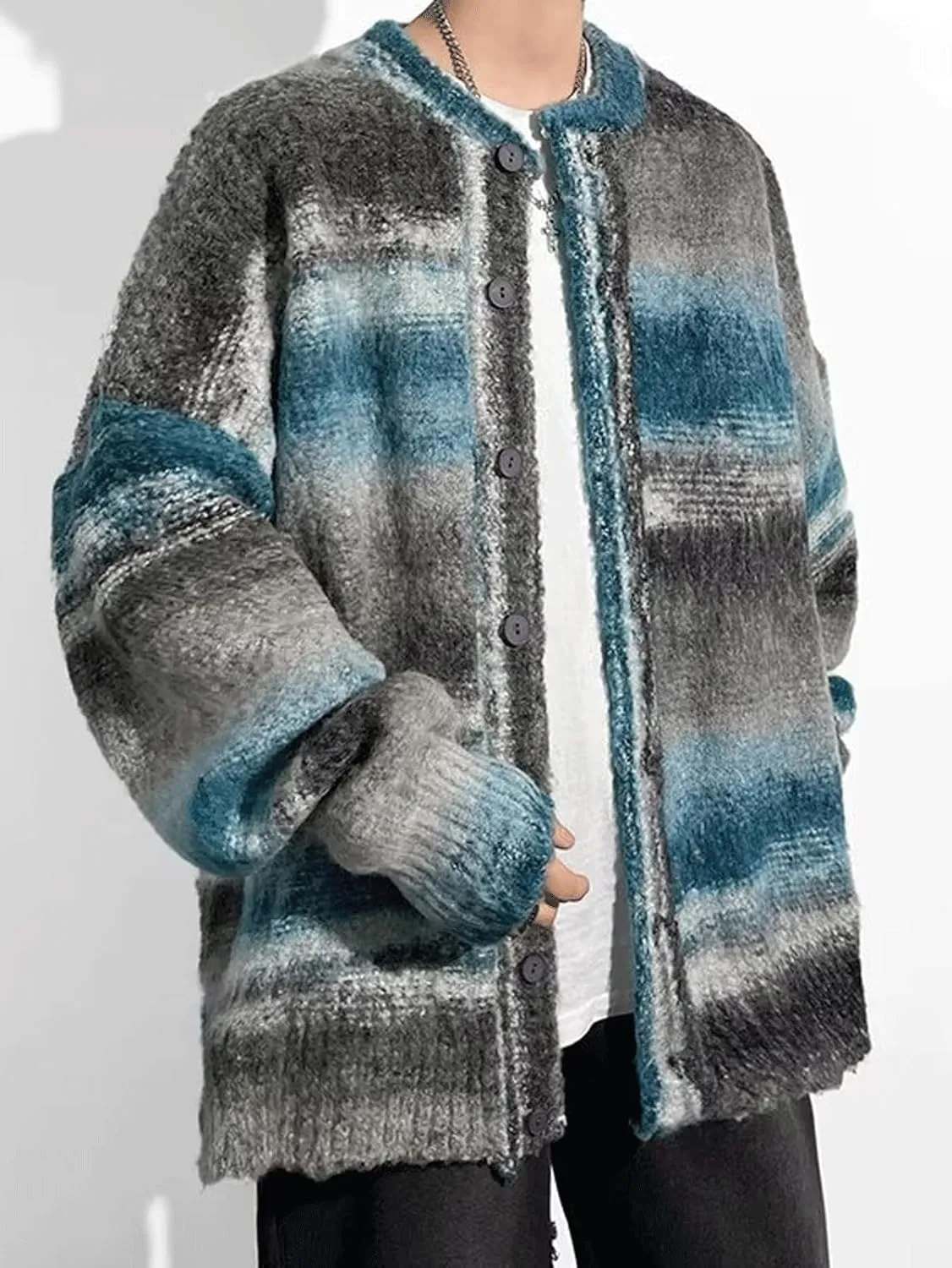 CHARTOU Men's Slouchy Oversized Cardigan Sweater Long Sleeve Button Down Knit Sweater Loose Color Block Top