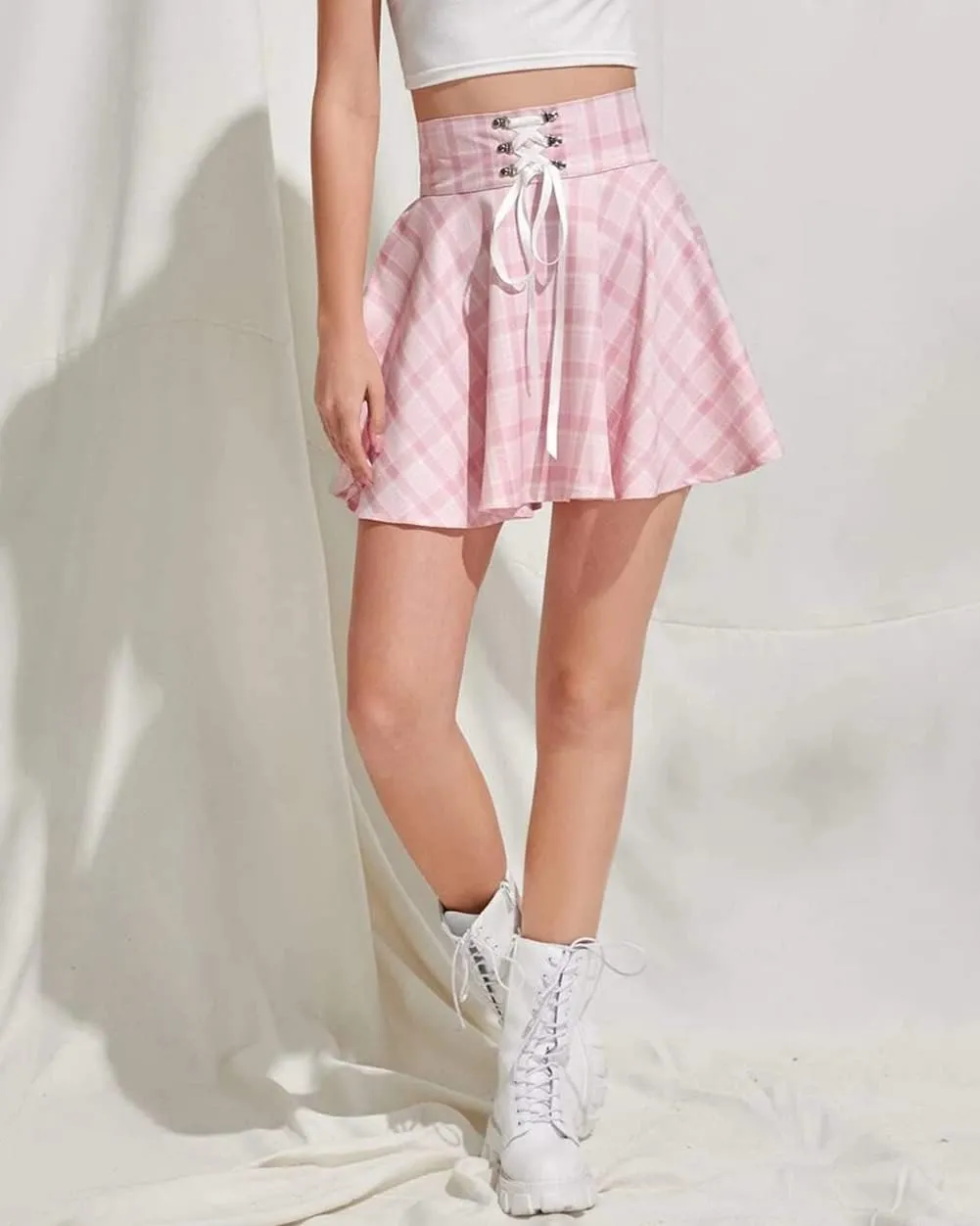 CHARTOU Women's Sexy Plaid Lace Up High Waist A-Line Pleated Skater Mini Skirt