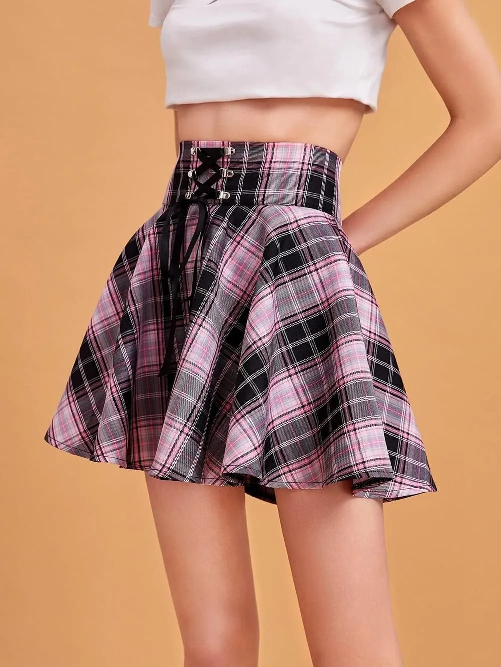 CHARTOU Women's Sexy Plaid Lace Up High Waist A-Line Pleated Skater Mini Skirt