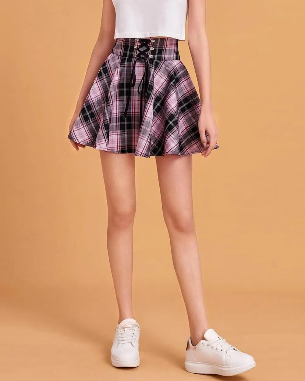 CHARTOU Women's Sexy Plaid Lace Up High Waist A-Line Pleated Skater Mini Skirt