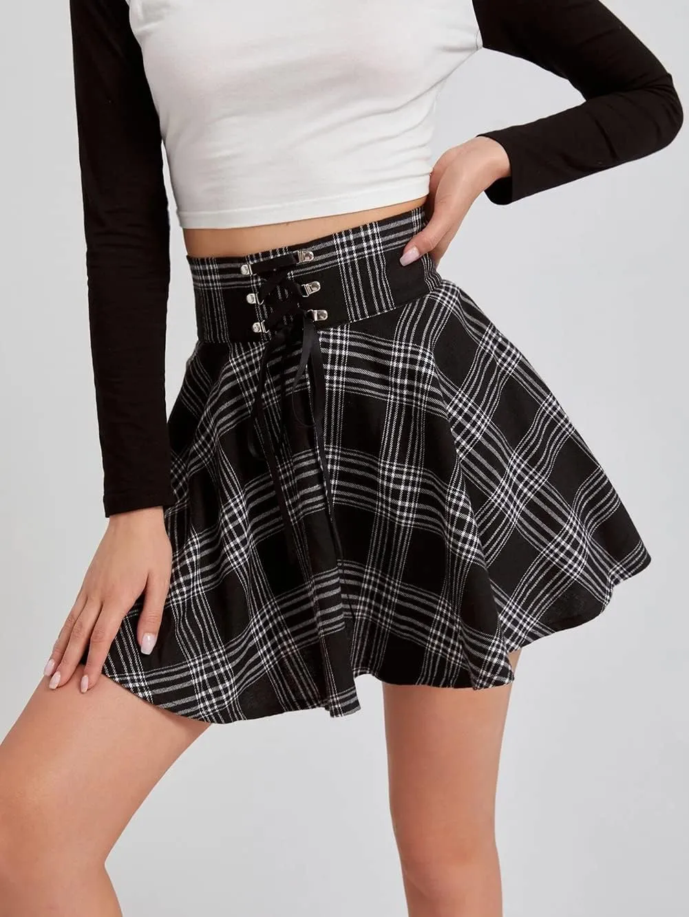 CHARTOU Women's Sexy Plaid Lace Up High Waist A-Line Pleated Skater Mini Skirt